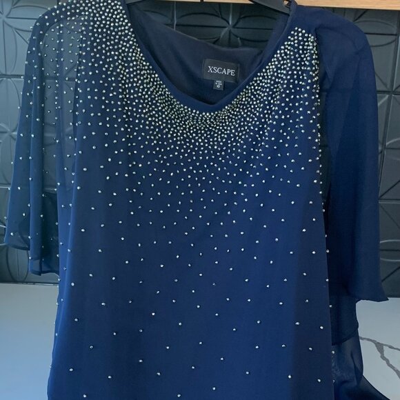 Xcape size Large Navy Knee Length Shift Dress with Beaded Drape. - Picture 2 of 8